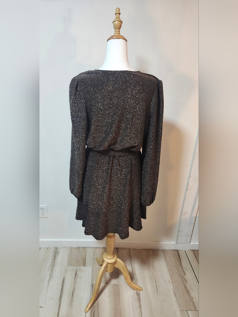 Devoted Sparkle Long Sleeve Tie-Waist V-Neck Mini Dress - Brown/Gold - Picture 8 of 10